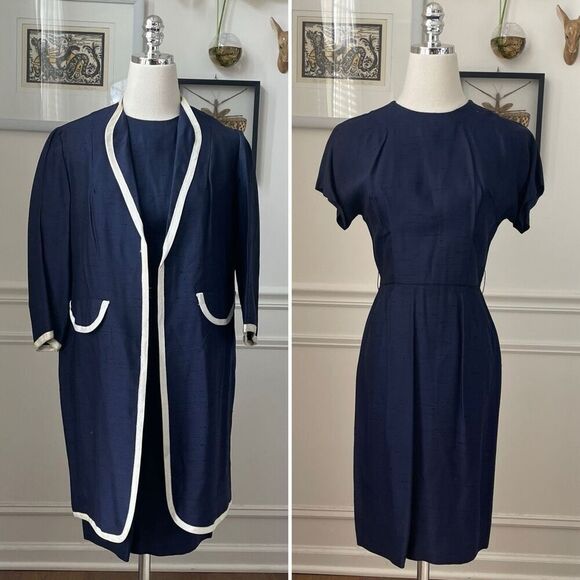 Vintage Mix & Match Dark Blue Sheath Dress Long Blazer Ivory Trim XS - Picture 1 of 13